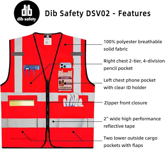 Dib Safety Reflective Vest High Visibility with Pockets and Zipper, Red M