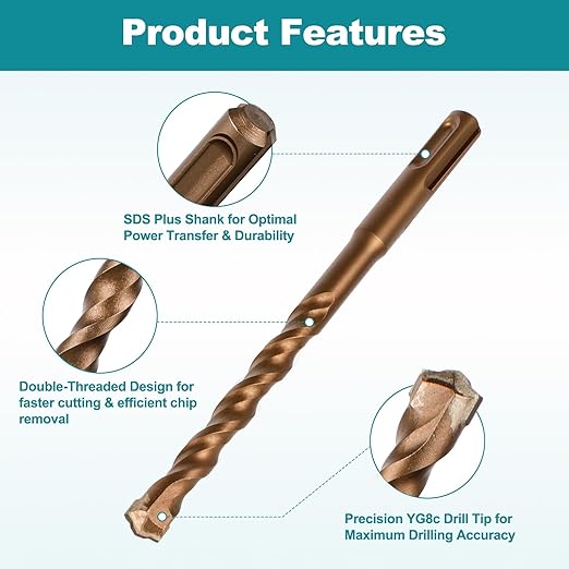 6Pcs SDS-Plus Rotary Hammer Drill Bits and Chisel Set, 3/8 1/4 3/16 5/32 inch Drill Bits, a Flat and a Point Chisel for Concrete Stone Brick