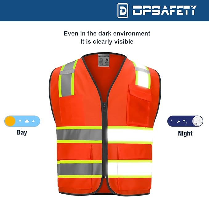 9 Pockets Hi Vis Safety Vest with Reflective Strips & Zipper Construction for Men & Women - Orange, 3XL