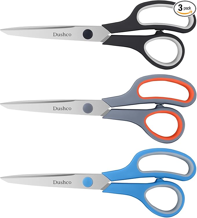 Scissors, Dushco 8.5 Inch Multipurpose Scissors Bulk Set of 3 Pack, Ultra Sharp 2.5mm Thick Scissor for Office Home School Sewing Fabric Craft Supplies, Soft Comfort-Grip Right/Left Hand