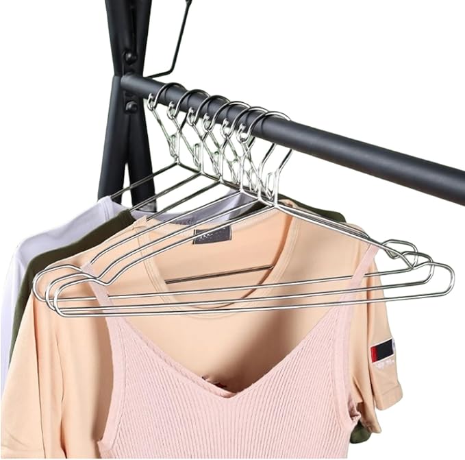 16.5” Wire Hanger 4mm Lockable Hangers 10Pack Stainless Steel Slim Thin Heavy Duty Windproof Lock Hook Metal Space Saving Clothes Hotel Hangers for RV Camping Silver (10)