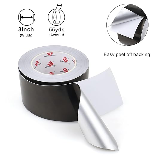 BOMEI PACK Black Aluminum Tape,3 Inch x 55 Yards,Black Foil Tape HVAC Sealing & Patching Hot Cold Air Duct Tape Aluminum Foil Tape for Pipe, Metal Repair, HVAC, Air Ducts, Insulation (3 Inch)