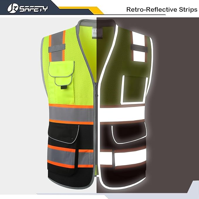 JKSafety 9 Pockets Class 2 Hi-Vis Safety Vest High Visibility Reflecitive Mesh Safety Vests for Men and Women Cushioned Collar Work Utility PPE Work Gear ANSI/ISEA compliant (101-YBlack XL)