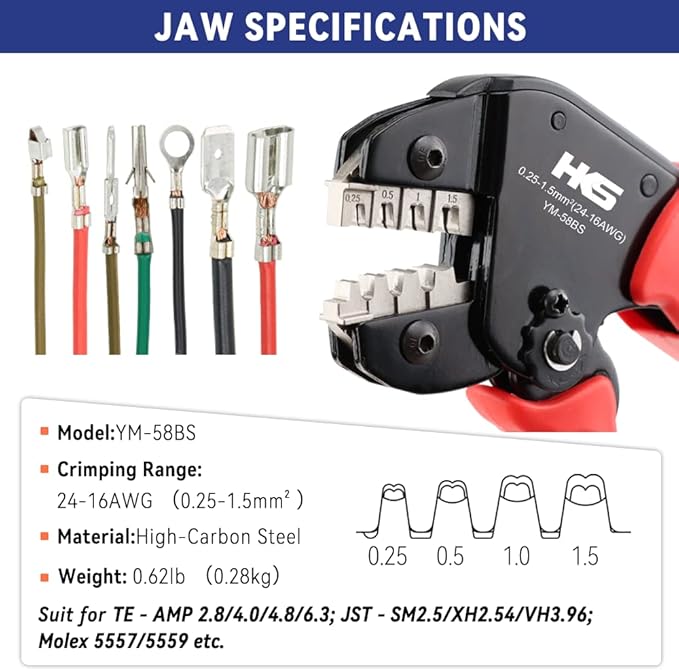 HKS Open Barrel Crimping Tool with 590PCS JST-SM Connectors Kit - 24-16 AWG (0.25-1.5mm²) Labor-saving Crimper for AMP-TE 2.8/4.0/4.8/6.3 JST-SM2.54/XH2.54/VH3.96 & Molex (YM-58BS)
