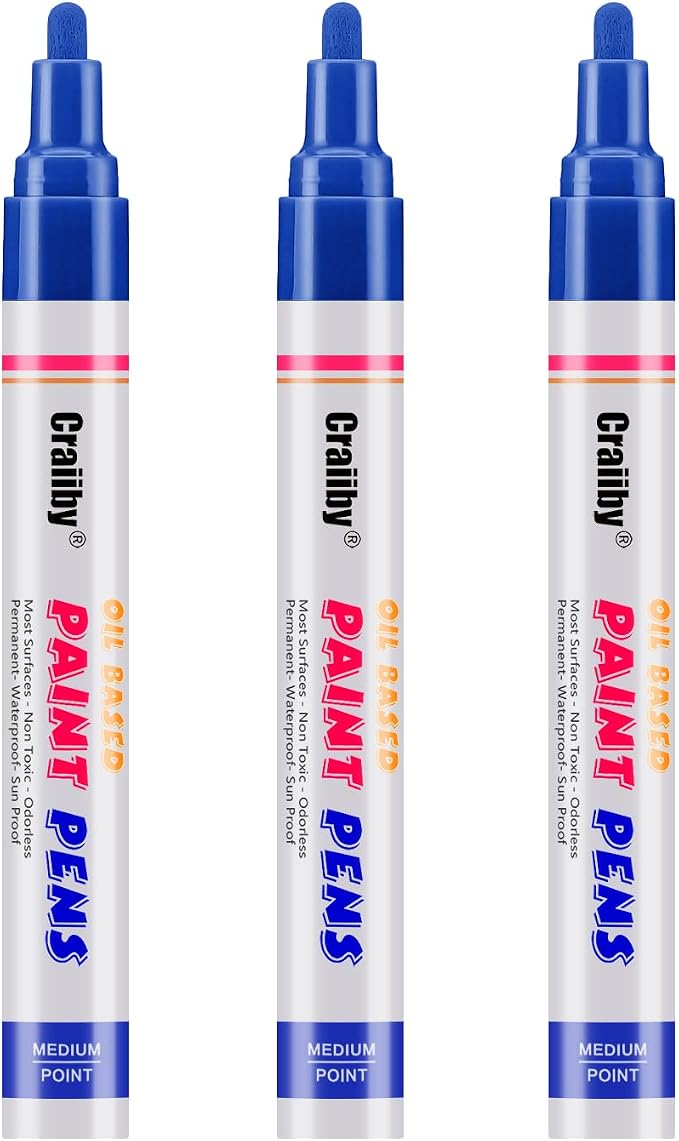 Blue Paint Markers, 3 Pack Oil-Based Waterproof Quick Dry Permanent Paint Pen by Craiiby