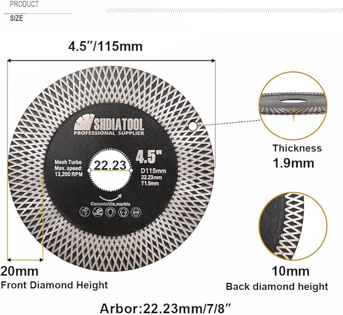SHDIATOOL Tile Diamond Saw Blades Porcelain Cutter Disc for Dry/Wet Cutting Grinding Ceramic Marble Artificial Stone Diameter 4.5 Inches x 7/8 inch