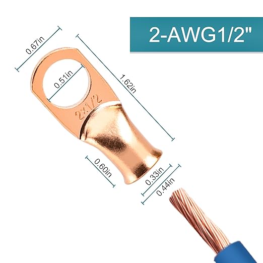 Battery Cable Ends, 8PCS 2 Gauge Wire Connectors 1/2 Copper Wire Lugs, Bare Copper Eyelets with Heat Shrink Tubing