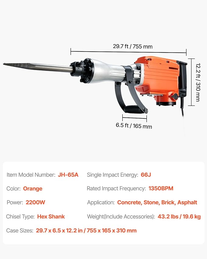 VEVOR Demolition Jack Hammer, MAX 2200W Electric Jackhammer Heavy Duty, 1350 BPM Concrete Breaker 2pcs Chisels Bit Chipping W/Case