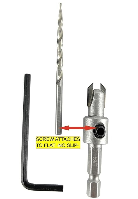 FTG USA #6 (9/64") Tungsten Carbide Tipped Countersink Drill Bit with Tapered Drill Bit, 1/4 Inch Quick Change Hex Shank and Allen Wrench