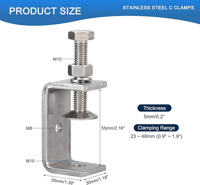2 Pack 304 Stainless Steel C Clamps with 55mm/2.17" Stable Wide Jaw Opening Tiger Clamp for Woodworking Welding Construction Household Mount
