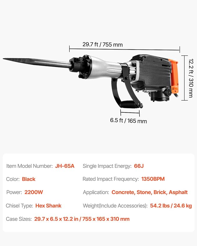 VEVOR Demolition Jack Hammer, 2200W Electric Jack Hammer Concrete Breaker, 1350 BPM Heavy Duty - 4pcs Chisels Bit with Case, Black
