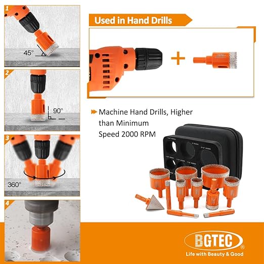 Diamond Core Drill Bit Kit BGTEC Hole Saw Tile Cutter,Triangle Shank 9pcs 6/8/10/20/28/32/35/45/65mm Drill Bits+1pc 25mm Drilling Finger Bit+1pc 2" Hex Shank Chamfer Bit