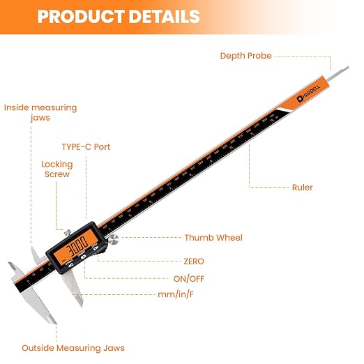 HARDELL Digital Caliper 12" USB-C Charging – Orange Display, Non-Backlit | - Image 8