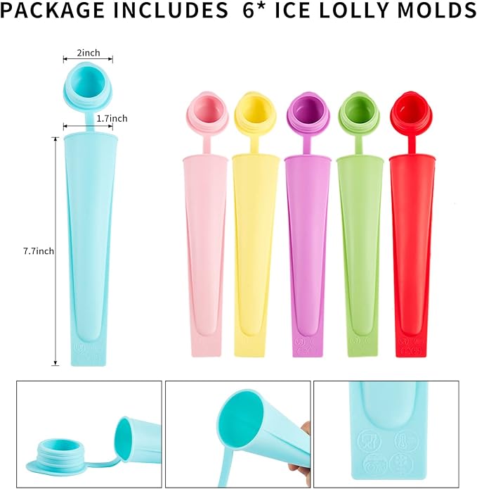 6Pcs Silicone Popsicle Molds w/Lids, Reusable Ice Pop Tubes - Image 2