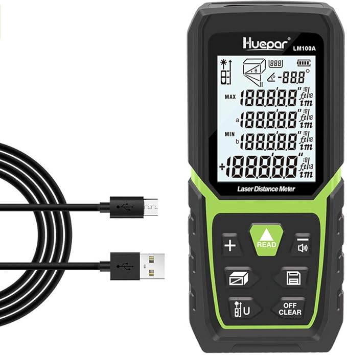 Huepar Laser Distance Measure 330Ft with Li-ion Battery & Electric Angle Sensor, Backlit LCD Laser Measure M/In/Ft with High Accuracy Multi-Measurement Modes, Pythagorean, Distance, Area&Volume-LM100A