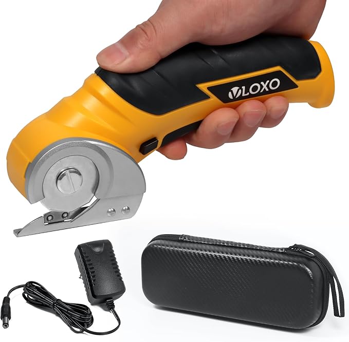 VLOXO Cordless Cardboard Cutter, Electric Scissors for Cardboard with Safety Lock, Power Rotary Scissors Multi-Cutting Tools, Rechargeable Box Cutter Electric for Carpet Leather (Yellow)