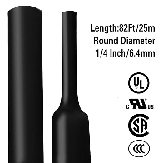 XHF 1/4 Inch(6.4mm) 82 Ft XHF 3:1 Waterproof Heat Shrink Tubing Roll Marine Grade Adhesive Lined Heat Shrink Tube, Insulation Sealing Oil-Proof Wear-Resistant Black
