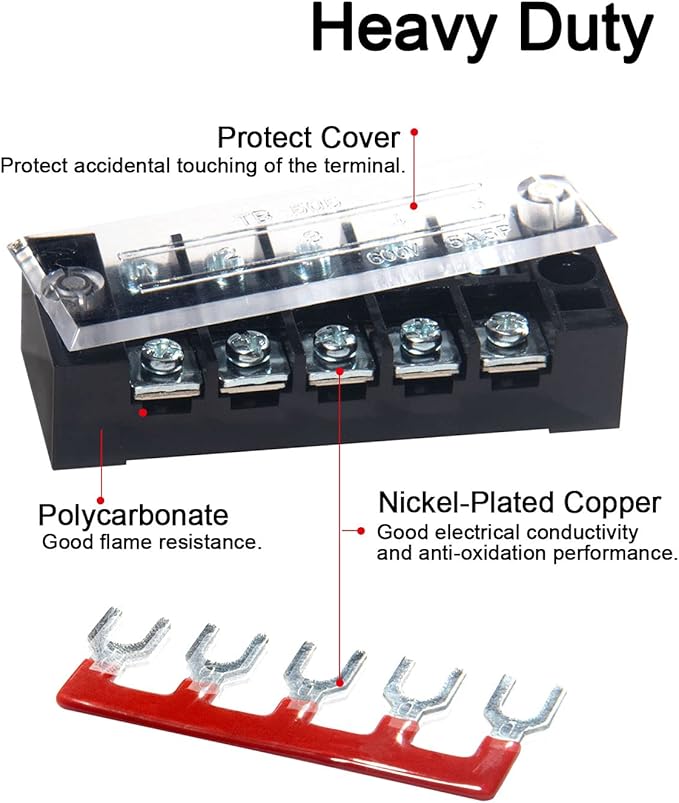 MILAPEAK Terminal Block and Strip - 10pcs (5 Sets) 5 Positions Dual Row 600V 15A Screw Terminal Strip Blocks with Cover + 400V 15A 5 Positions Pre-Insulated Terminals Barrier Strip (Black & Red)
