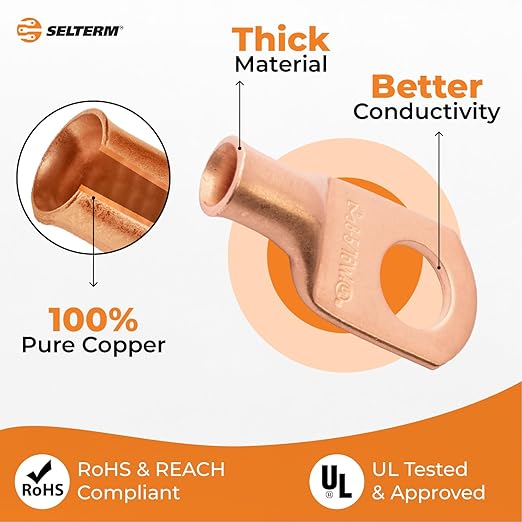 SELTERM 25pcs 8 AWG 5/16" Stud (Wide Pad) Battery Lugs, Ring Terminals, Heavy Duty Copper Wire Lugs, Battery Cable Ends, 8 Gauge Ring Terminal Connectors, UL Bare Copper Eyelets Battery Cable Lugs