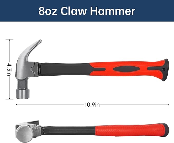 8OZ Claw Hammer with Fiberglass Handle, Drop Forged Claw Hammer, All Purpose Hammer, Smooth Face, Shock-Absorbing Grip