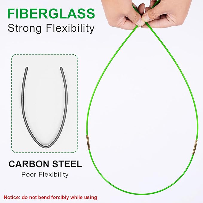 21FT Fiberglass Running Electrical Wire Cable Pulling Fish Tape Kit, Bright Green Glow Rods Set with 7 Different Attachments in a Carrying Case