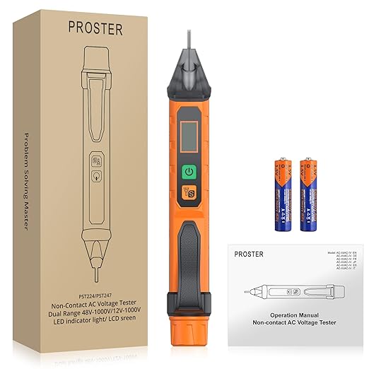 Proster Non Contact Voltage Tester Pen - Adjustable AC Voltage Detector, Electric Volt Pen Tester Pen 12-1000V/48-1000V with LED Flashlight
