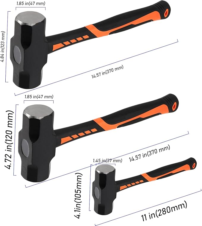 3 PCS 2lb 3lb 4lb Sledge Hammer, Heavy Duty Crack Hammer with Forged Steel Head and Shock Reduction Fiberglass Handle, Club Hammer for Demolition Work