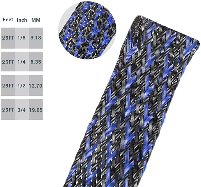 PET Expandable Braided Sleeving Wire Loom 1/2 Inch Cable Wrap Cable Sleeve Wire Protector Sleeve Tubing 25Feet, Blue&Black