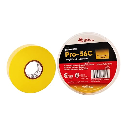 Avery Dennison Electrical Tape, 10 Rolls Professional Grade PVC Electric Tape, UL/CSA Listed ¾ in x 66 ft Insulating Vinyl Tape for Electrical, Repairs, Automotive and Equipment, Pro-36C, Yellow