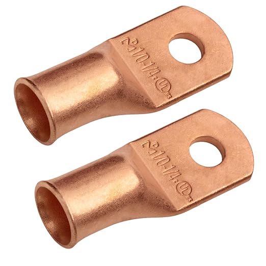 SELTERM 2pcs 1/0 AWG 1/4" Stud Copper Wire Lugs, Battery Lugs, Ring Terminals, Battery Cable Ends, 0 Gauge Ring Terminal Connectors, UL Heavy Duty Bare Copper Eyelets Battery Terminal Connectors