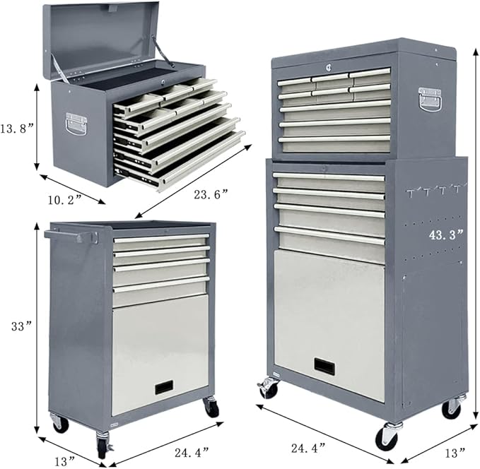13-Drawer Rolling Tool Chest with Wheels, 2 in 1 Detachable Rolling Tool Chests, Moblie Tool Cabinet with Drawers, Large Lockable Tool Box, Metal Standing Toolbox for Garage Workshop(Gray)