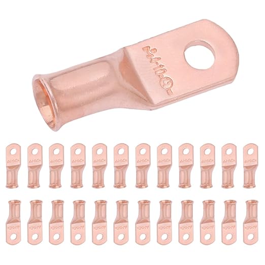 SELTERM 25pcs 4 AWG #10 Stud Battery Lugs, Ring Terminals, Heavy Duty Copper Wire Lugs, Battery Cable Ends, 4 Guage Ring Terminal Connectors, UL Bare Copper Eyelets Electrical Battery Cable Lugs