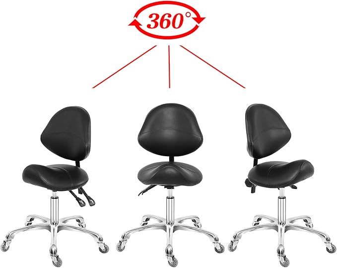 Saddle Stool Dental Hygienist Chair with Back Support, Rolling Esthetician Saddle Stool for Lash Salon Tattoo Shop Spa Dentist Clinic (with Backrest, Black)