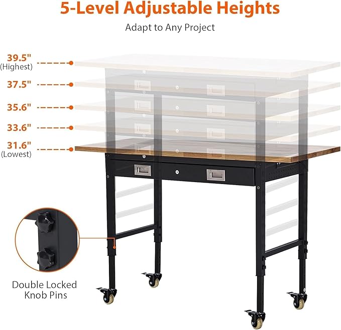 60-Inch Garage Workbench with Wheels, Adjustable Rubber Wood Top Garage Workbench with Pegboard/Drawer/Power Outlet, 2000 lbs Load Capacity, for Workshop, Woodworking, Office, Home.