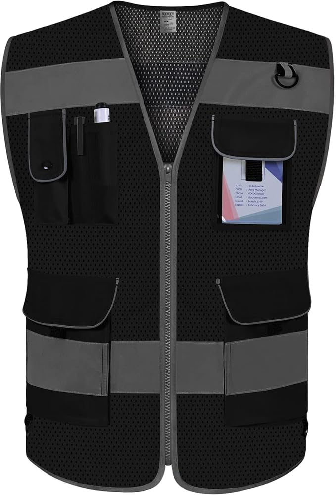 TCCFCCT Mesh Safety Vest for Men Women, 9 Pockets High Visibility Reflective Safety Vest, Hi Vis Construction Vest with Reflective Strips, Meets ANSI/ISEA Standards, (Black, Small)