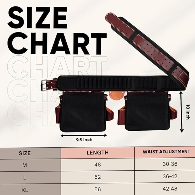 FUERI Tool Belt With Suspender Men Carpenter Pouches Construction Bags Electrician Belts Framer Worker Pouch Bag Holder Organizer 26 Pocket Nylon Leather Maroon Professional Set - Extra Large