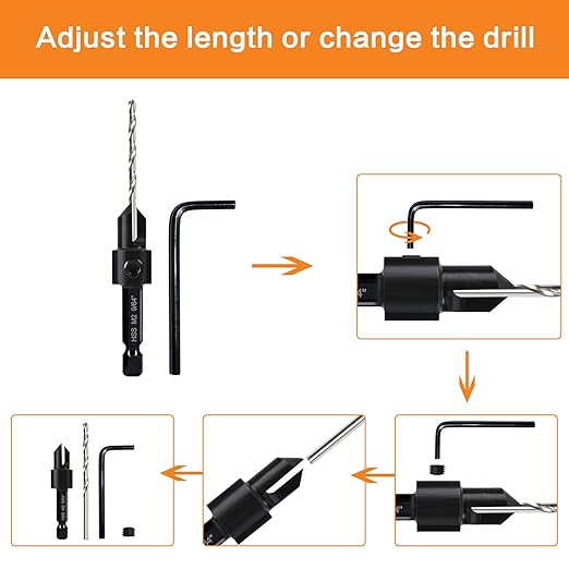 Countersink Drill Bit Set, 7-Piece Woodworking M2 Countersink Drill Bits for #4, 6, 8, 10, 12, 14 Screws, 82-Degree Chamfer, ¼” Hex Shank, 2 Allen Wrenches, HSS Drill Bits Detachable Depth Adjustable