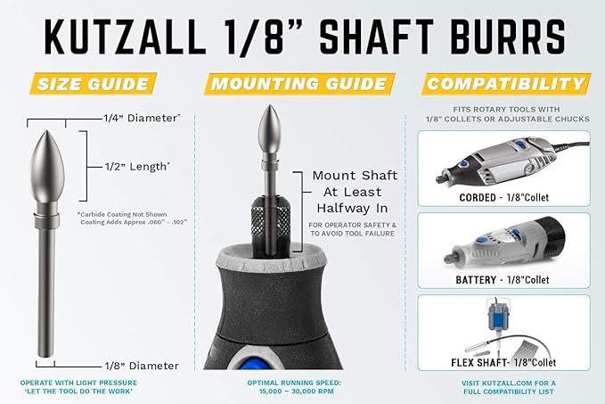 Kutzall 4-Piece Rotary Burr Detail Kit - 1⁄8" Shaft, Fine – Wood Carving Bit for Dremel, Foredom, Ryobi, DeWalt, Milwaukee Tools - Structured Tungsten Carbide, 18FKIT02