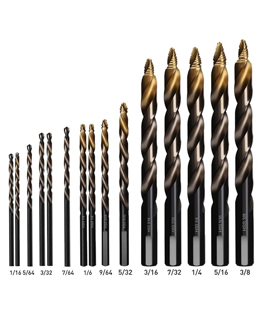 COMOWARE 15Pcs Stepped Point Drill Bit Set, 1/16" – 3/8" Drill Bit Index,HSS M2 Jobber Drills Bits, No Pre-Drilling, Titanium-Coated, 3-Flat Shank, Drills Bits Set for Metal/Plastic/Acrylic/Wood