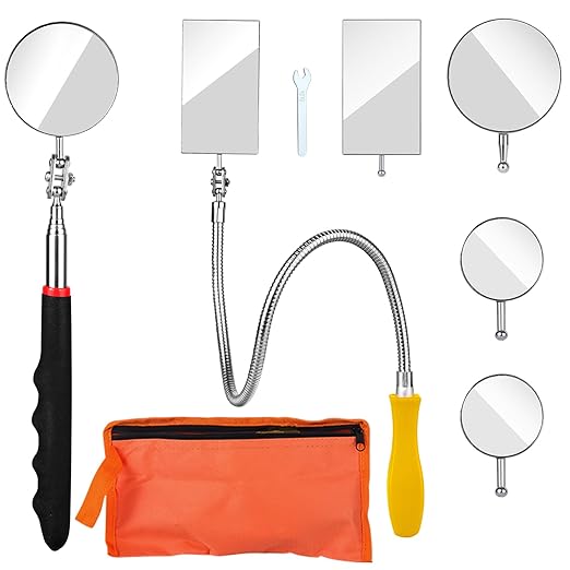 Telescoping Inspection Mirror, Flexible Retractable Automotive Extension Round Mirror 360 Rotation&Bendable Square Mirror, Extendable Mirror on a Stick with 4 Replaceable Mirror & 1 Storage Bag