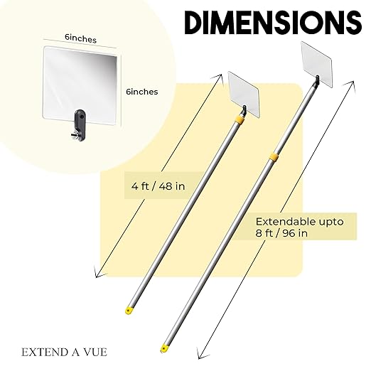 Inspection Mirror Telescoping Pole, Lightweight & Durable, 4 ft - 8 ft Pole, 6 x 6 inch Acrylic Mirror