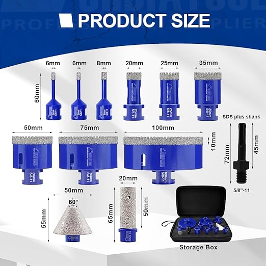 SHDIATOOL Diamond Drill Core Bits Kit Hole Saw Sets Diamond Drilling Mould Guide for Porcelain Tile Marble Ceramic Granite with Hollow EVA Guide Jig 12pcs(6/6/8/20/25/35/50/75/100/20MM/2inch/SDS)