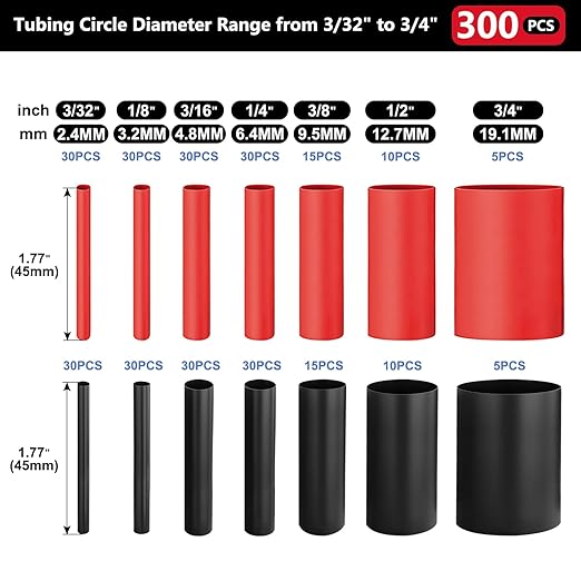 Chanzon 300 Pcs Heat Shrink Tubing Kit, 3:1 Red & Black Sleeving Heat Shrink Wrap Tubing with Length 1.77" (inch), Marine Grade Electrical Waterproof Polyolefin Heat-Shrink Tube