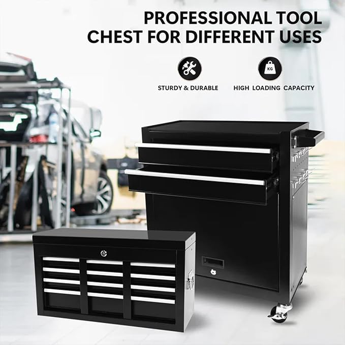 Rolling Tool Chest - 8 Drawers Tool Box Organizer with Lockable Wheels, Sliding Drawers, Detachable Top Tool Box - Tool Storage Cabinet for Garage Workshop, Black