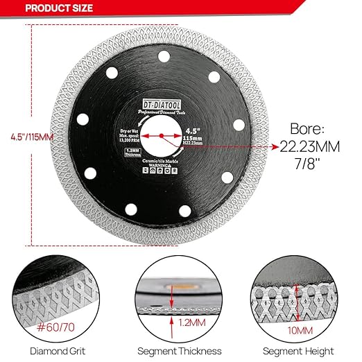 DT-DIATOOL Diamond Tile Blade 4-1/2 Inch 5pcs Diamond Turbo X Mesh Rim Segement Circular Saw Blade for Procelain Ceramic Stoneware Marble Granite Fits 5/8"-7/8" Arbor
