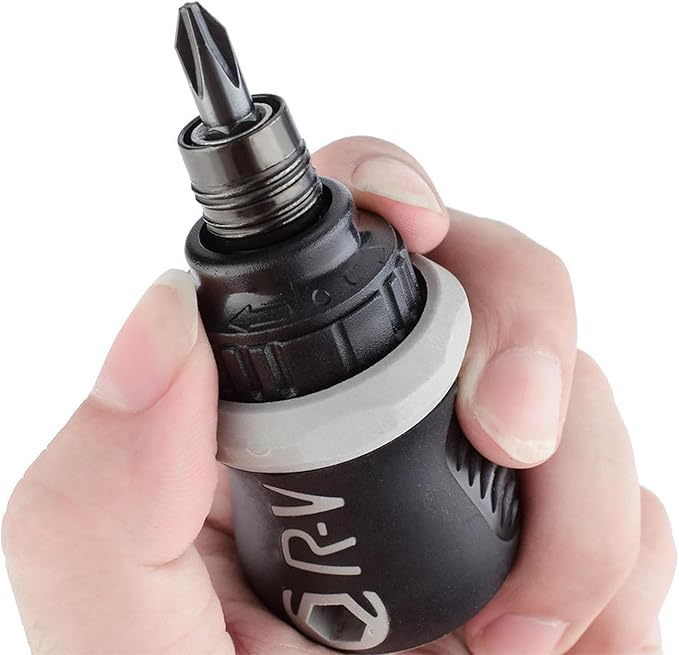 Buspoll Ratcheting Stubby Screwdriver - Adjustable Length, Reversible Dual End, Magnetic Tip - Compact, Portable, Pocket Size.
