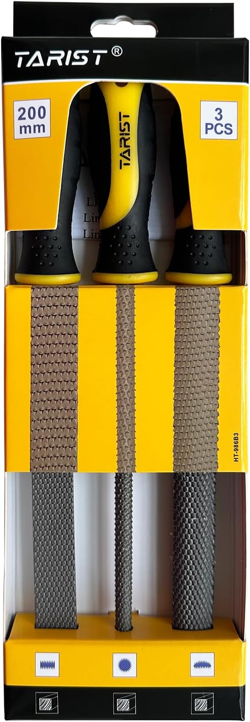 3-Piece 8" Wood Rasp File Set, Includes Flat/Half-Round/Round. For Woodworking & Sharping Wood