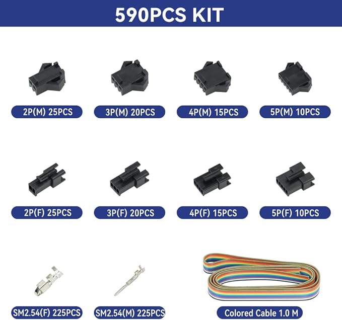 HKS Open Barrel Crimping Tool with 590PCS JST-SM Connectors Kit - 24-16 AWG (0.25-1.5mm²) Labor-saving Crimper for AMP-TE 2.8/4.0/4.8/6.3 JST-SM2.54/XH2.54/VH3.96 & Molex (YM-58BS)