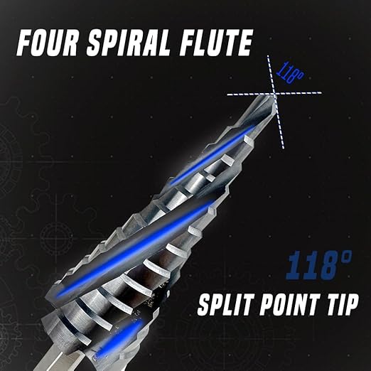 Four Spiral Flute Step Drill Bit, 3/16" - 7/8"(12 Sizes) 1/4" Hex Shank Cobalt Step Drill Bit Fully Coated with TiAlN for Metal, Stainless Steel, Aluminum, Plastic