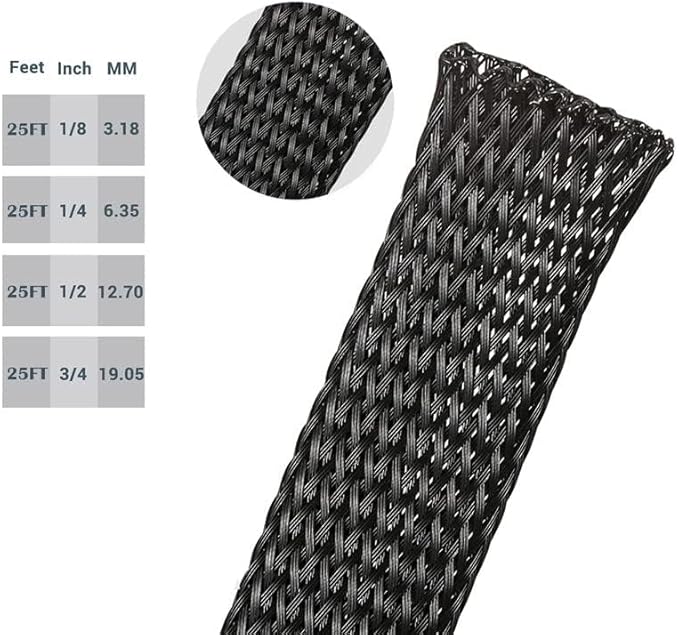 PET Expandable Braided Sleeving Wire Loom 1/4 Inch Cable Wrap Cable Sleeve Wire Protector Sleeve Tubing 25Feet, Black